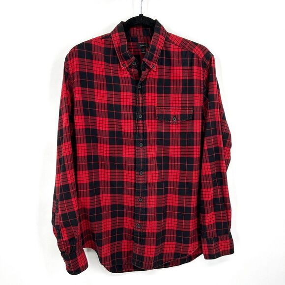 J. CREW Men's Red Black Buffalo Check Plaid Button Up Flannel Shirt Size Medium - Picture 1 of 5